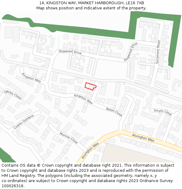 14, KINGSTON WAY, MARKET HARBOROUGH, LE16 7XB: Location map and indicative extent of plot