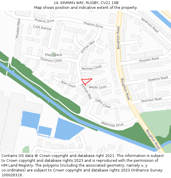 14, KINMAN WAY, RUGBY, CV21 1XB: Location map and indicative extent of plot