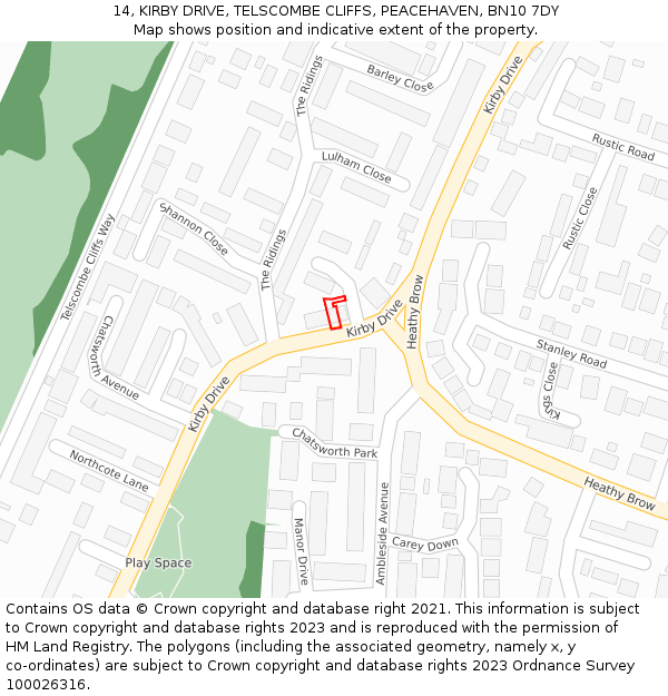 14, KIRBY DRIVE, TELSCOMBE CLIFFS, PEACEHAVEN, BN10 7DY: Location map and indicative extent of plot