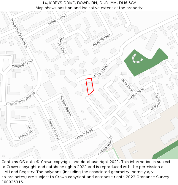 14, KIRBYS DRIVE, BOWBURN, DURHAM, DH6 5GA: Location map and indicative extent of plot