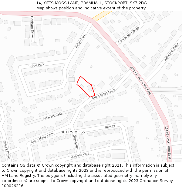 14, KITTS MOSS LANE, BRAMHALL, STOCKPORT, SK7 2BG: Location map and indicative extent of plot