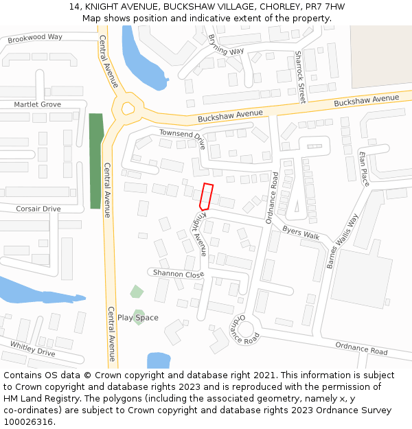 14, KNIGHT AVENUE, BUCKSHAW VILLAGE, CHORLEY, PR7 7HW: Location map and indicative extent of plot