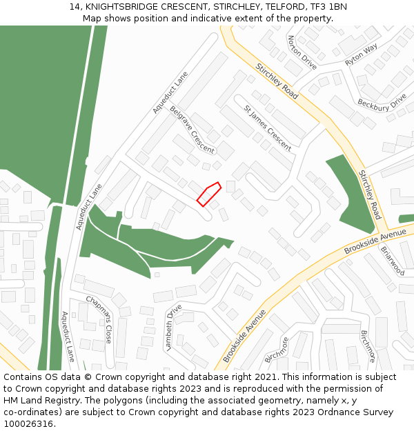 14, KNIGHTSBRIDGE CRESCENT, STIRCHLEY, TELFORD, TF3 1BN: Location map and indicative extent of plot