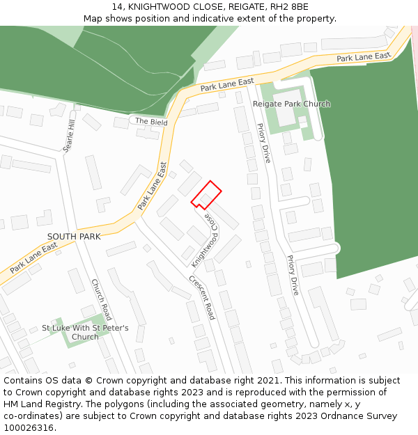 14, KNIGHTWOOD CLOSE, REIGATE, RH2 8BE: Location map and indicative extent of plot