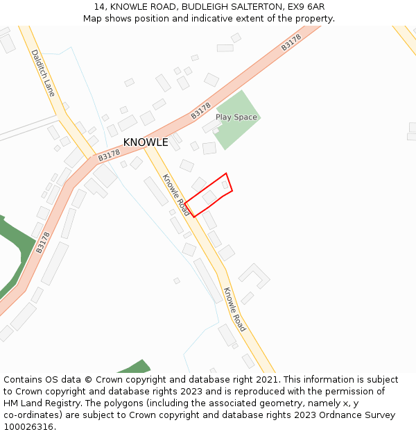14, KNOWLE ROAD, BUDLEIGH SALTERTON, EX9 6AR: Location map and indicative extent of plot