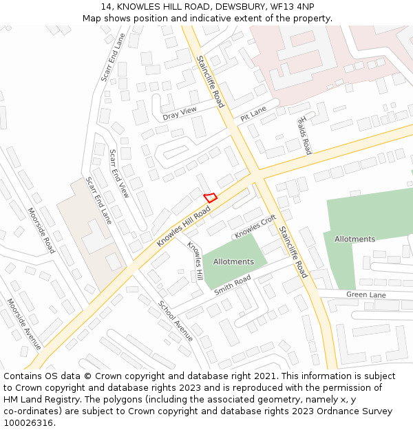 14, KNOWLES HILL ROAD, DEWSBURY, WF13 4NP: Location map and indicative extent of plot