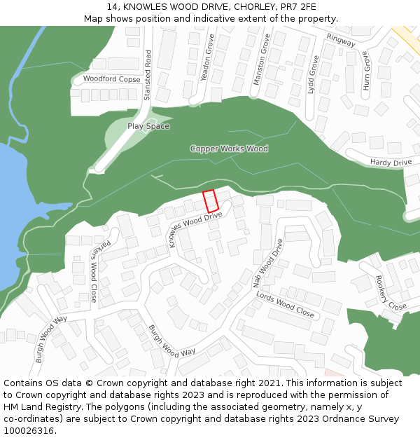 14, KNOWLES WOOD DRIVE, CHORLEY, PR7 2FE: Location map and indicative extent of plot