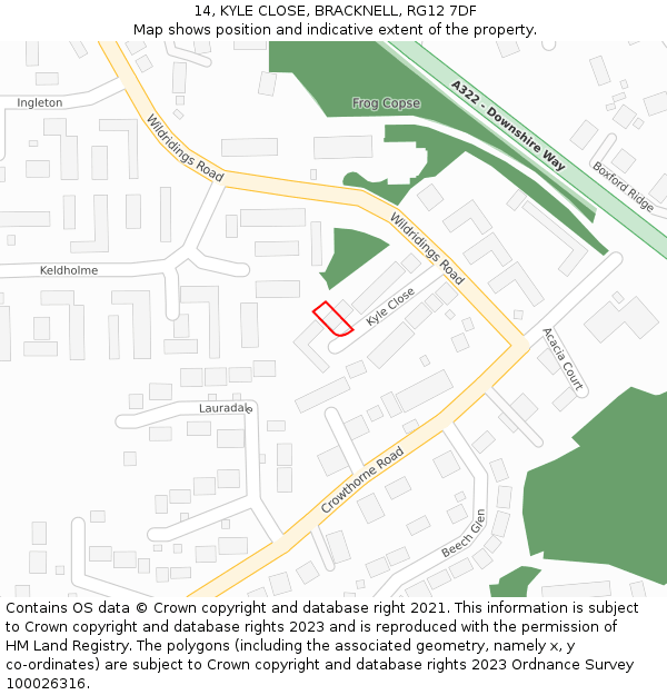 14, KYLE CLOSE, BRACKNELL, RG12 7DF: Location map and indicative extent of plot