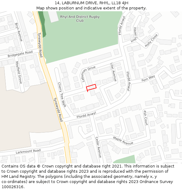 14, LABURNUM DRIVE, RHYL, LL18 4JH: Location map and indicative extent of plot