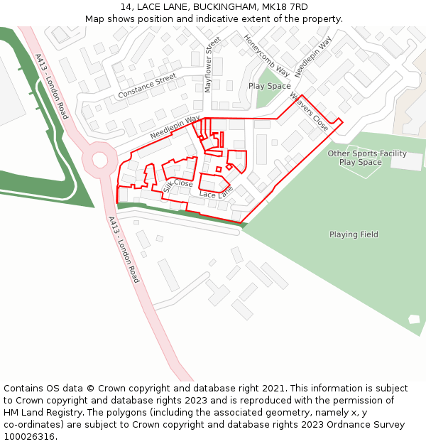 14, LACE LANE, BUCKINGHAM, MK18 7RD: Location map and indicative extent of plot