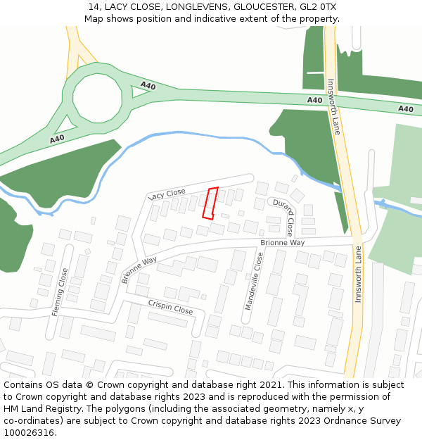 14, LACY CLOSE, LONGLEVENS, GLOUCESTER, GL2 0TX: Location map and indicative extent of plot