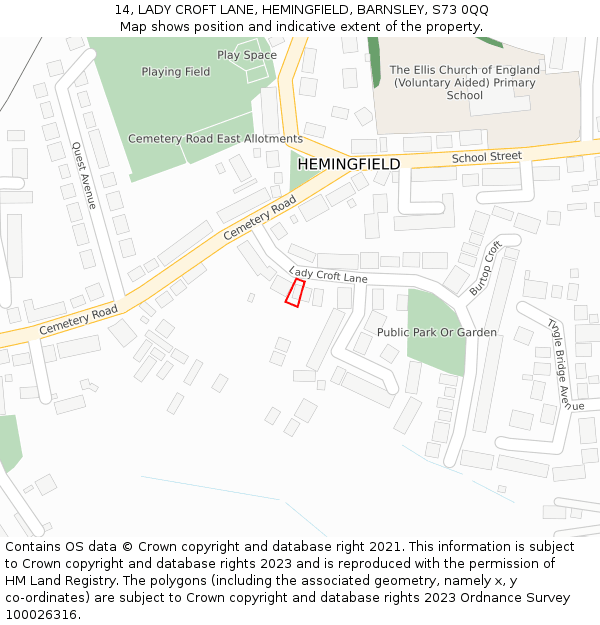 14, LADY CROFT LANE, HEMINGFIELD, BARNSLEY, S73 0QQ: Location map and indicative extent of plot