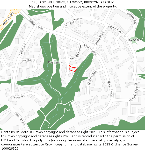 14, LADY WELL DRIVE, FULWOOD, PRESTON, PR2 9UX: Location map and indicative extent of plot