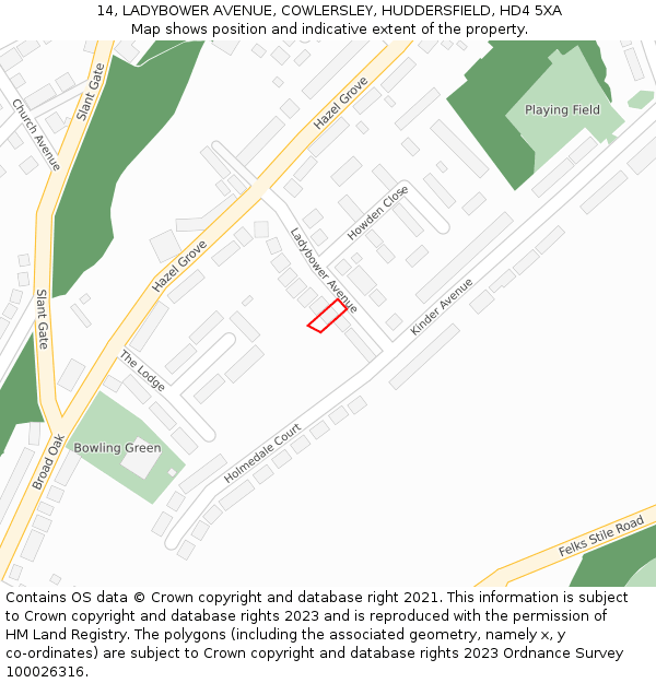 14, LADYBOWER AVENUE, COWLERSLEY, HUDDERSFIELD, HD4 5XA: Location map and indicative extent of plot