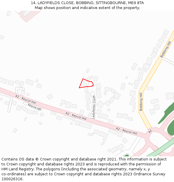 14, LADYFIELDS CLOSE, BOBBING, SITTINGBOURNE, ME9 8TA: Location map and indicative extent of plot