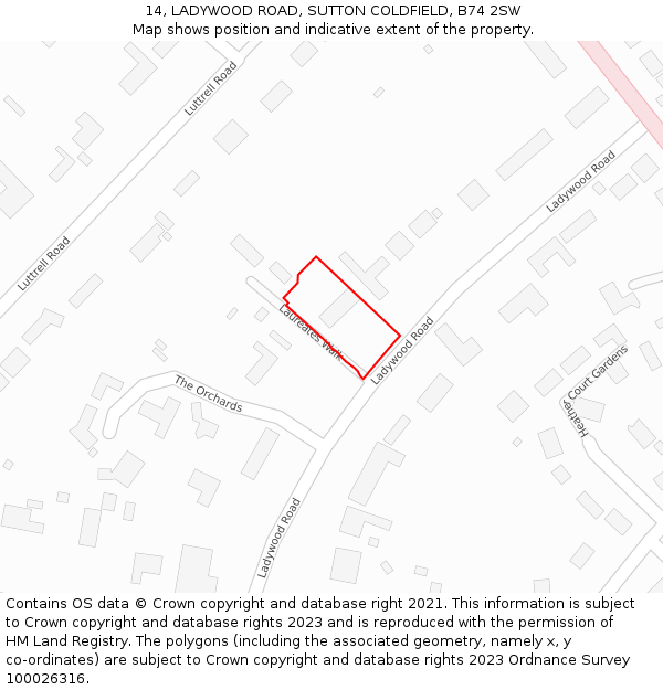 14, LADYWOOD ROAD, SUTTON COLDFIELD, B74 2SW: Location map and indicative extent of plot