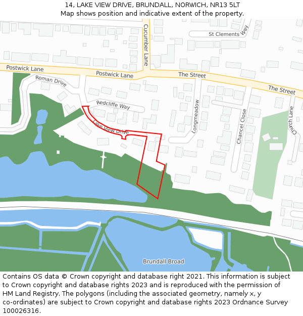 14, LAKE VIEW DRIVE, BRUNDALL, NORWICH, NR13 5LT: Location map and indicative extent of plot