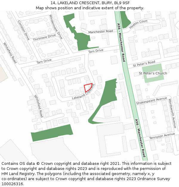 14, LAKELAND CRESCENT, BURY, BL9 9SF: Location map and indicative extent of plot