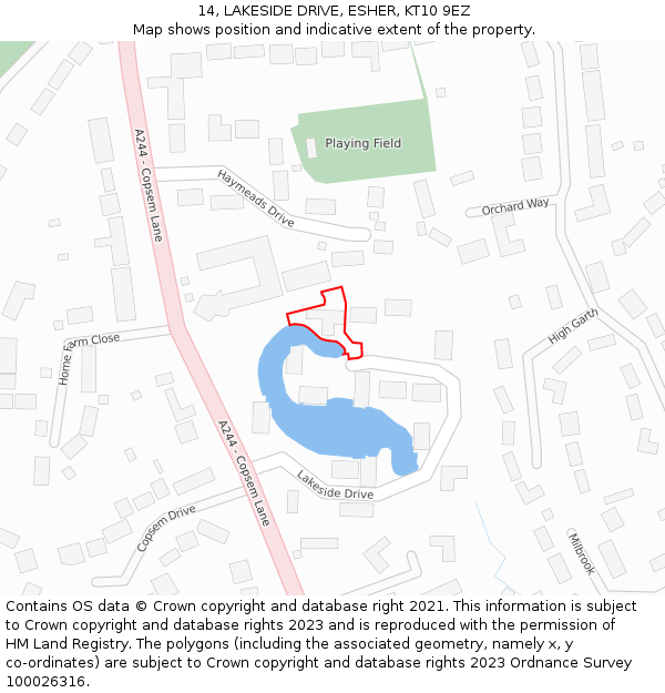 14, LAKESIDE DRIVE, ESHER, KT10 9EZ: Location map and indicative extent of plot