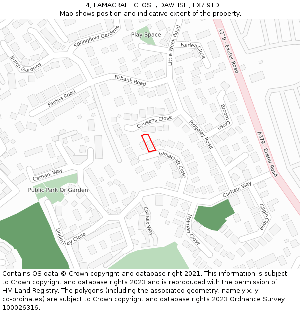 14, LAMACRAFT CLOSE, DAWLISH, EX7 9TD: Location map and indicative extent of plot