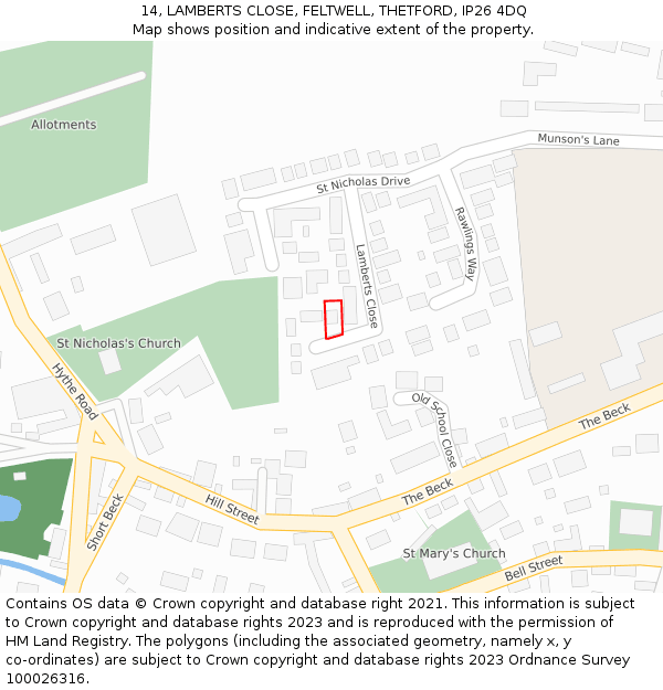 14, LAMBERTS CLOSE, FELTWELL, THETFORD, IP26 4DQ: Location map and indicative extent of plot
