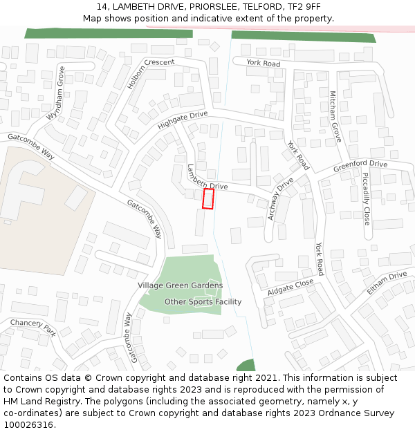 14, LAMBETH DRIVE, PRIORSLEE, TELFORD, TF2 9FF: Location map and indicative extent of plot