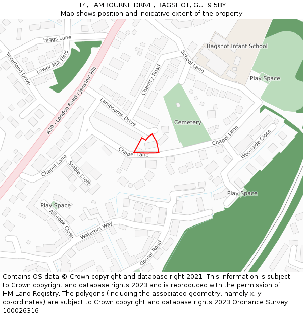 14, LAMBOURNE DRIVE, BAGSHOT, GU19 5BY: Location map and indicative extent of plot