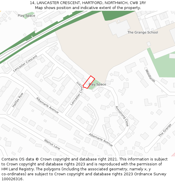 14, LANCASTER CRESCENT, HARTFORD, NORTHWICH, CW8 1RY: Location map and indicative extent of plot