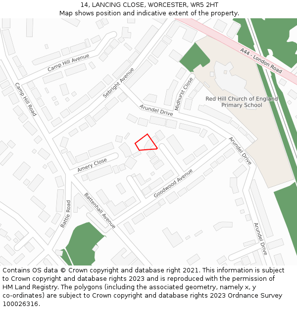 14, LANCING CLOSE, WORCESTER, WR5 2HT: Location map and indicative extent of plot