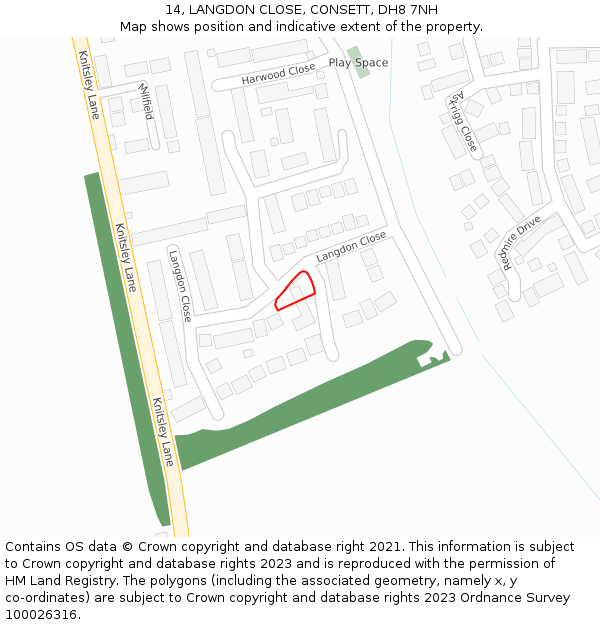 14, LANGDON CLOSE, CONSETT, DH8 7NH: Location map and indicative extent of plot