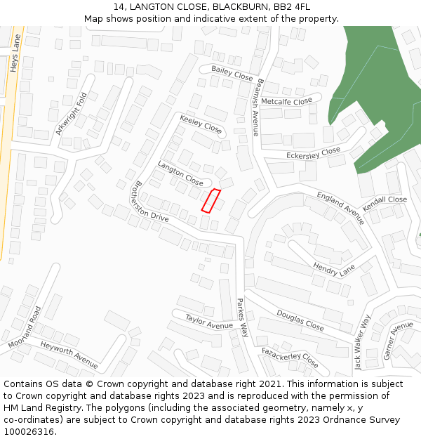 14, LANGTON CLOSE, BLACKBURN, BB2 4FL: Location map and indicative extent of plot