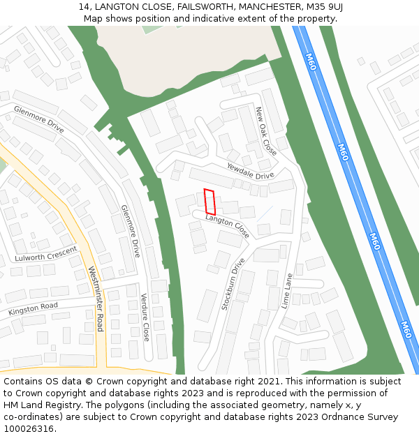 14, LANGTON CLOSE, FAILSWORTH, MANCHESTER, M35 9UJ: Location map and indicative extent of plot