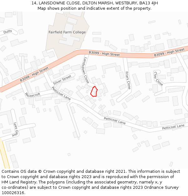 14, LANSDOWNE CLOSE, DILTON MARSH, WESTBURY, BA13 4JH: Location map and indicative extent of plot