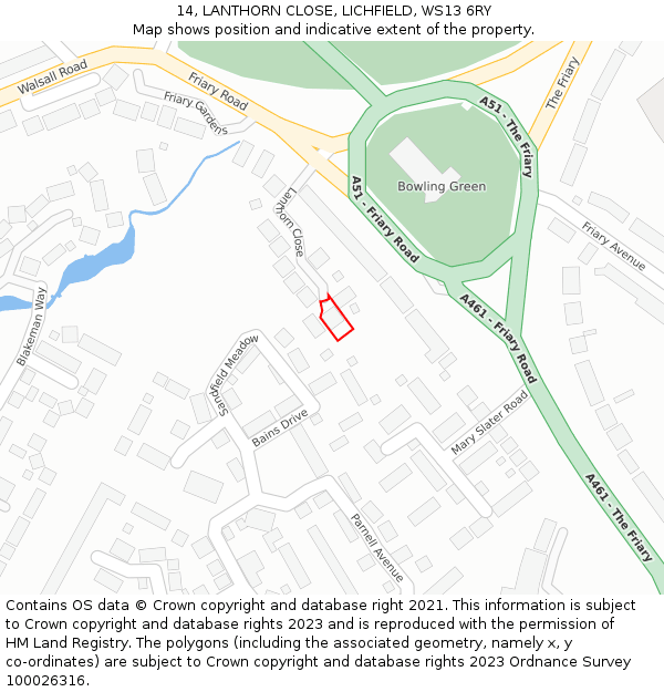 14, LANTHORN CLOSE, LICHFIELD, WS13 6RY: Location map and indicative extent of plot