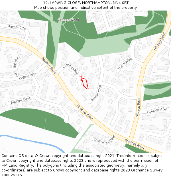 14, LAPWING CLOSE, NORTHAMPTON, NN4 0RT: Location map and indicative extent of plot