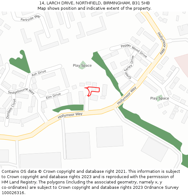 14, LARCH DRIVE, NORTHFIELD, BIRMINGHAM, B31 5HB: Location map and indicative extent of plot