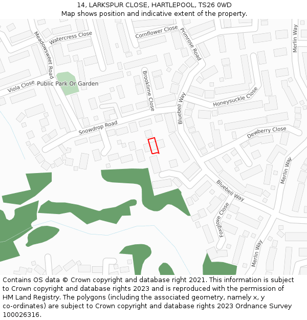 14, LARKSPUR CLOSE, HARTLEPOOL, TS26 0WD: Location map and indicative extent of plot