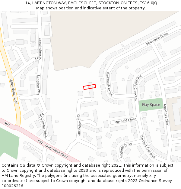 14, LARTINGTON WAY, EAGLESCLIFFE, STOCKTON-ON-TEES, TS16 0JQ: Location map and indicative extent of plot