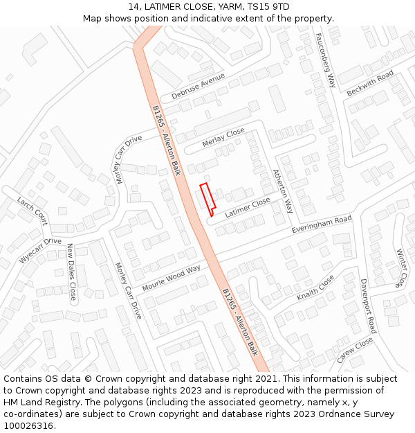 14, LATIMER CLOSE, YARM, TS15 9TD: Location map and indicative extent of plot
