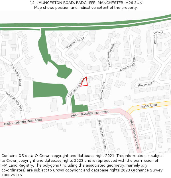 14, LAUNCESTON ROAD, RADCLIFFE, MANCHESTER, M26 3UN: Location map and indicative extent of plot