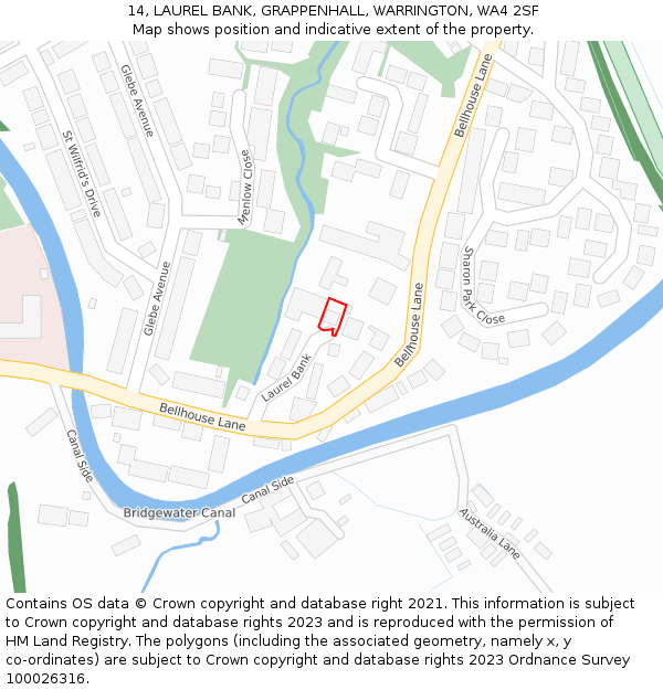 14, LAUREL BANK, GRAPPENHALL, WARRINGTON, WA4 2SF: Location map and indicative extent of plot