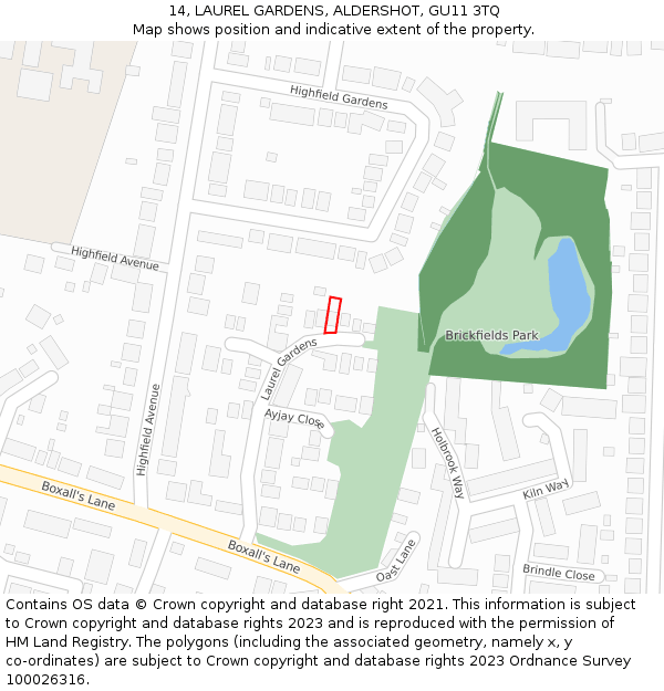 14, LAUREL GARDENS, ALDERSHOT, GU11 3TQ: Location map and indicative extent of plot