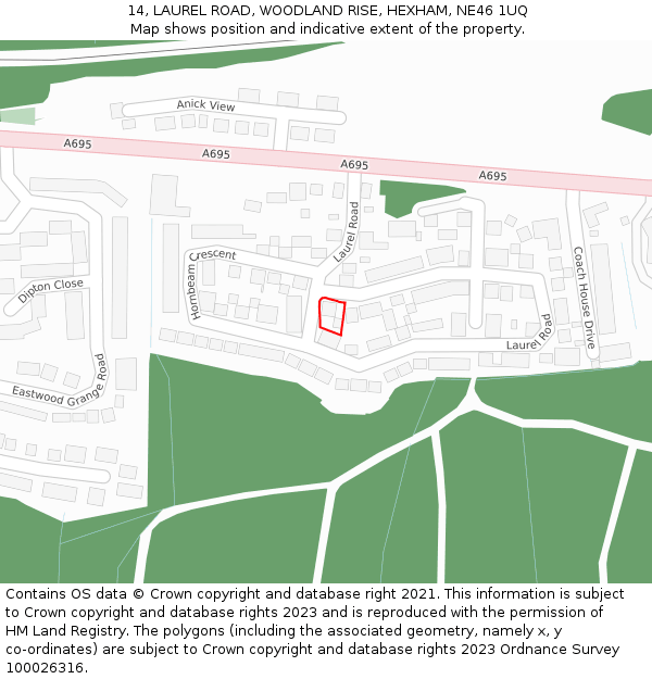 14, LAUREL ROAD, WOODLAND RISE, HEXHAM, NE46 1UQ: Location map and indicative extent of plot