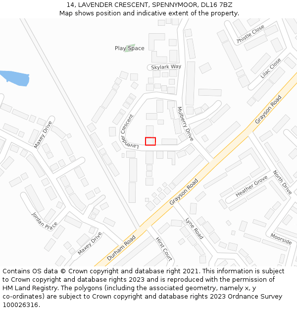 14, LAVENDER CRESCENT, SPENNYMOOR, DL16 7BZ: Location map and indicative extent of plot