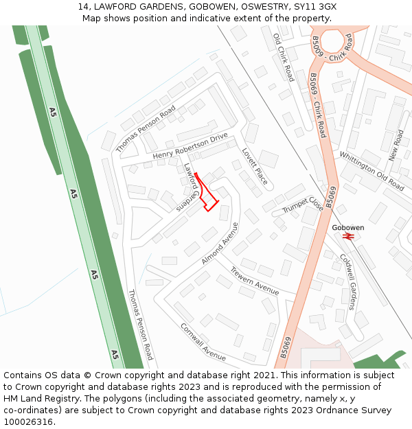 14, LAWFORD GARDENS, GOBOWEN, OSWESTRY, SY11 3GX: Location map and indicative extent of plot