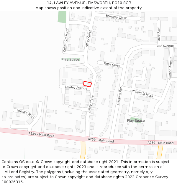 14, LAWLEY AVENUE, EMSWORTH, PO10 8GB: Location map and indicative extent of plot