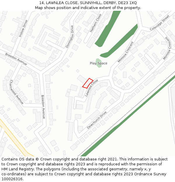 14, LAWNLEA CLOSE, SUNNYHILL, DERBY, DE23 1XQ: Location map and indicative extent of plot