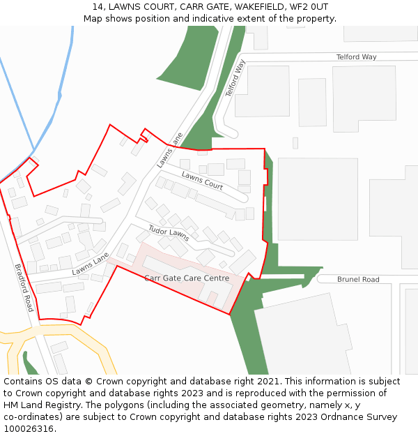 14, LAWNS COURT, CARR GATE, WAKEFIELD, WF2 0UT: Location map and indicative extent of plot