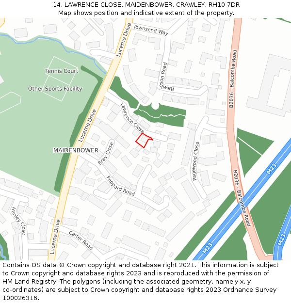 14, LAWRENCE CLOSE, MAIDENBOWER, CRAWLEY, RH10 7DR: Location map and indicative extent of plot