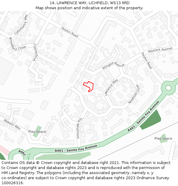14, LAWRENCE WAY, LICHFIELD, WS13 6RD: Location map and indicative extent of plot